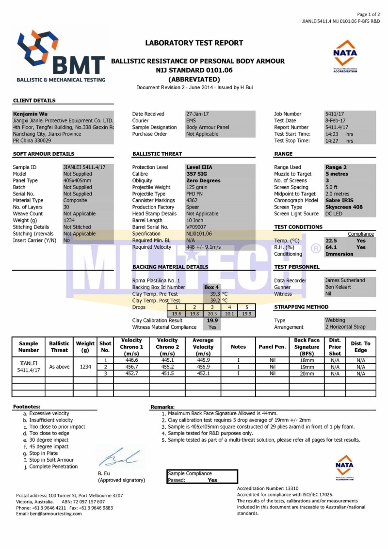 Bulletproof Vest BMT Ballistic NIJ IIIA 0101.06 30 Layers Report 1